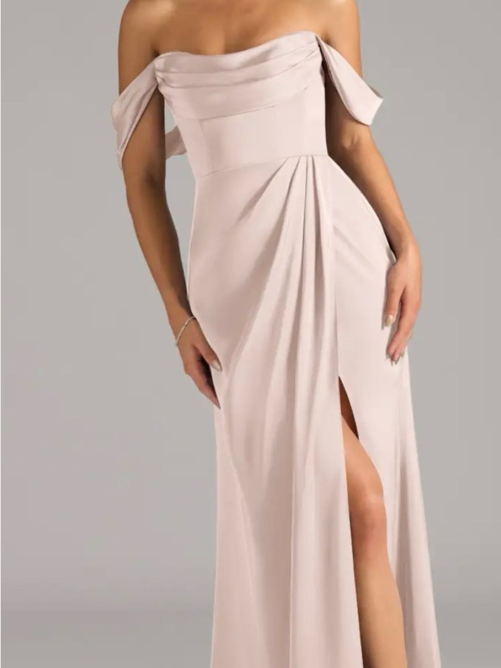 Azazie Off-Shoulder Blushing Pink Gown “Johana”